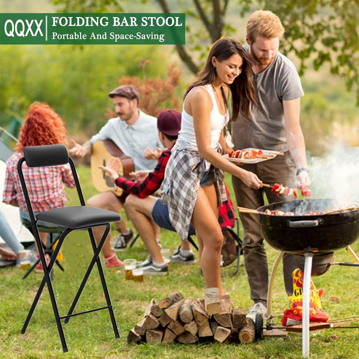 Folding Bar,Folding with Back Support & Footrest,Counter Height Padded Seats,Foldable s for Adults Portable,Outdoor,Kitchen,Shop,Cafe(25.5inch seat heightBlack)