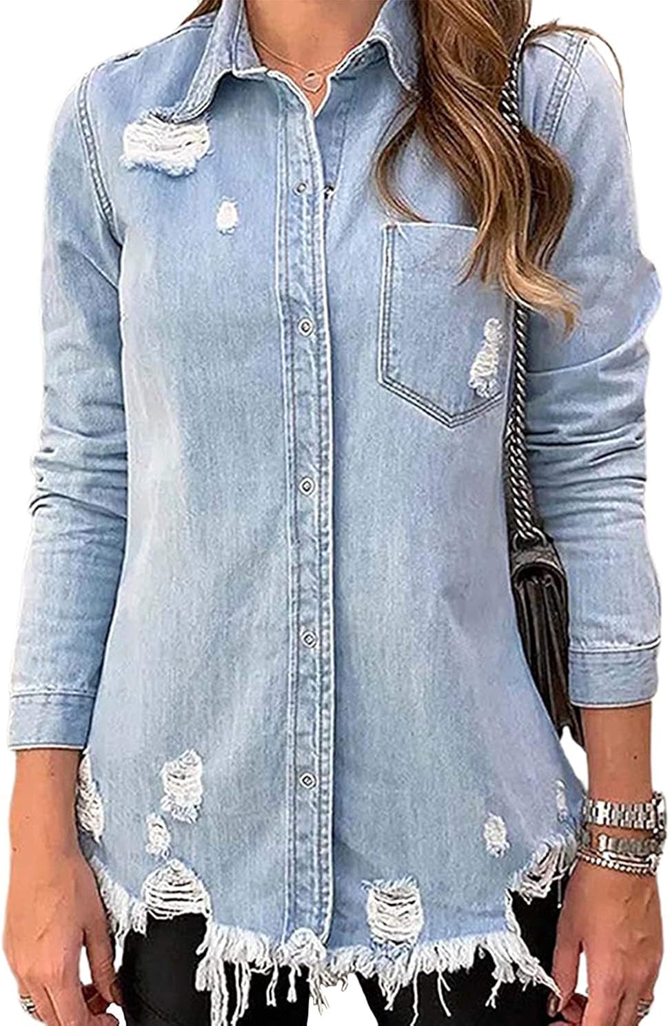 CHARTOU Women's Stylish Spread Collar Distressed Frayed Denim Shirt Tops