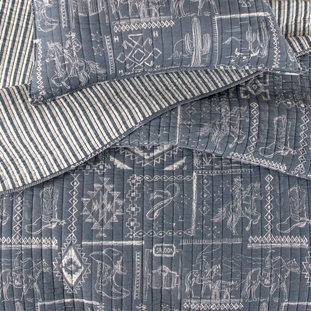 Rod's Exclusive Westward Trail Quilt - Classic Cowboy Chalk Motifs - Denim Blue - Cotton - Twin Size (68x86in)