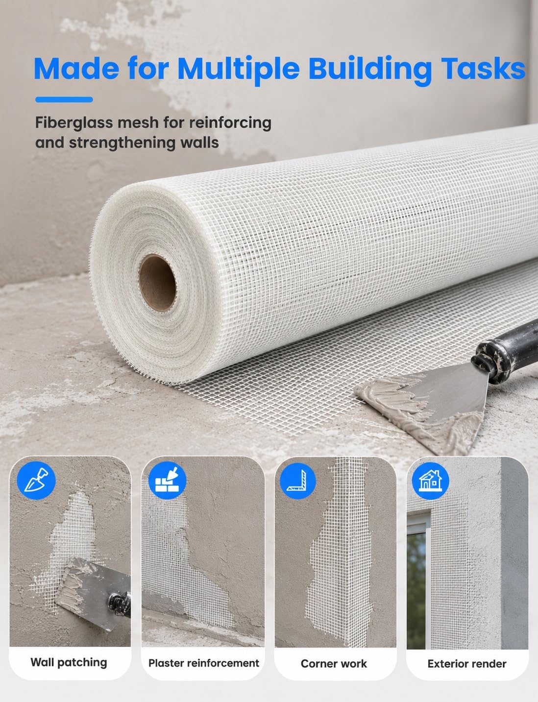 Rotolo in fibra di vetro, rete per intonaco e rinforzo pareti, tessuto per rasatura muri, nastro cartongesso, riparazione crepe, stucco e lavori edili(4 mm/1x50 meters)