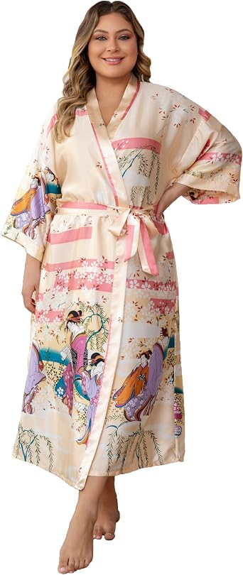 Womens Floral Long Satin Robes Plus Size Long Silk Robes Peacock Floral Kimonos Sleepwear Dressing Gown