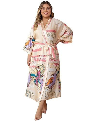 feslieacc Women's Plus Size Long Satin Robes Plus Size Long Silk Robes Kimonos Sleepwear Dressing Gown - Japanese Style | Champagne - 4X-Large-5X-Large Plus