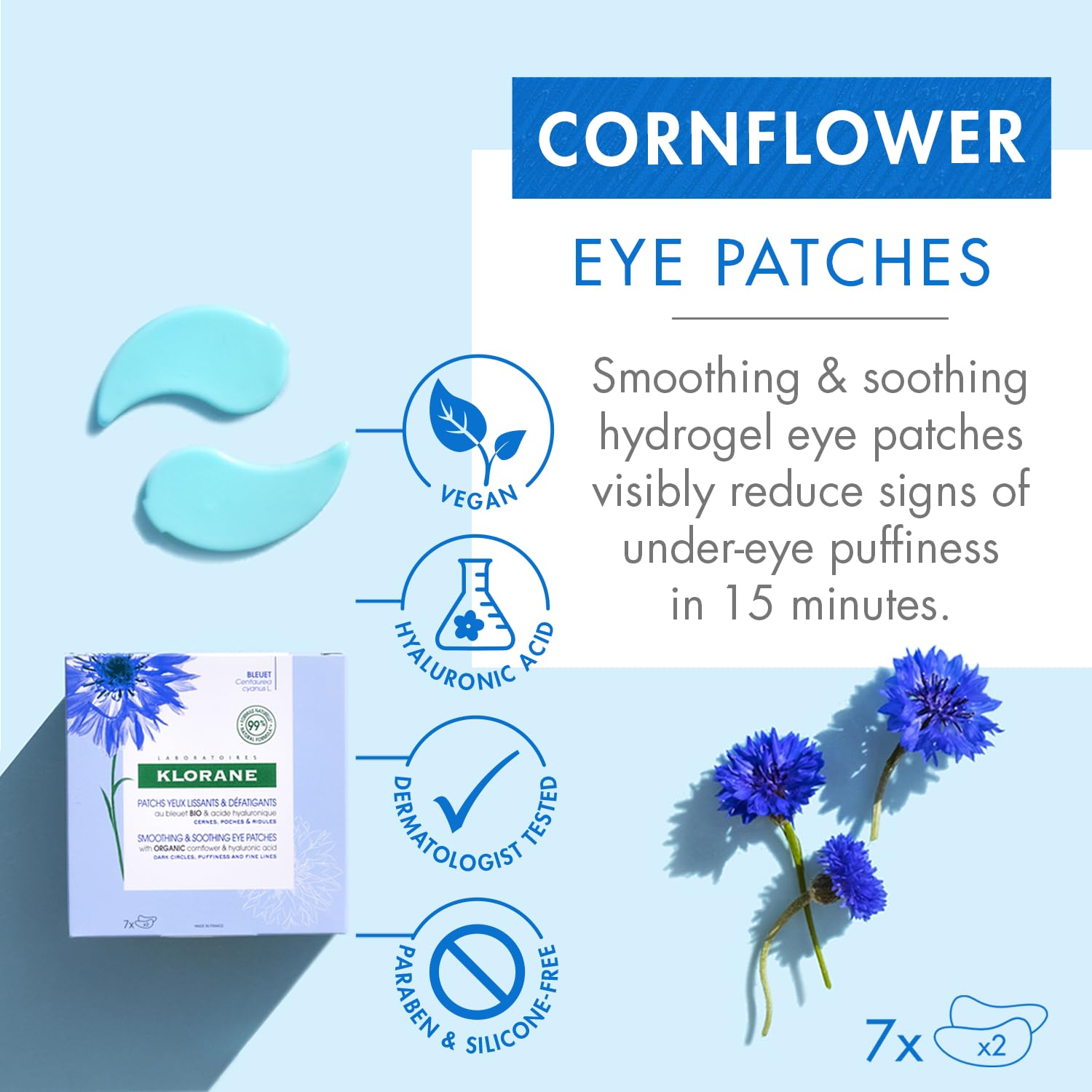 Klorane - Smoothing & Soothing Eye Masks with Cornflower & Plant-Based Hyaluronic Acid - Hydrogel Eye Patches For Puffy, Tired Eyes and Dark Circles - 7 ct.