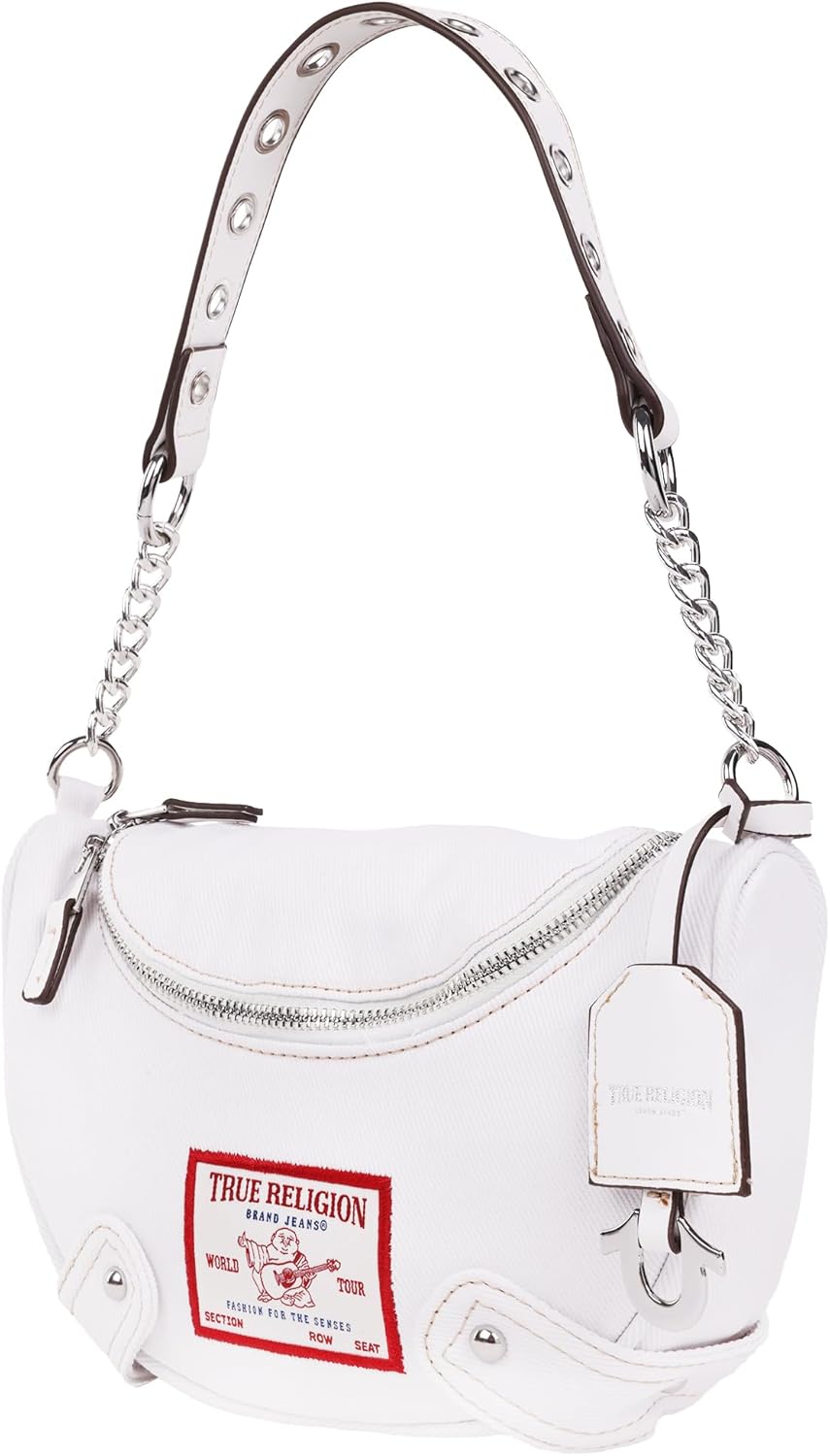 True Religion Hobo Bag, Women's Shoulder Handbag with Grommet Chain Strap, White