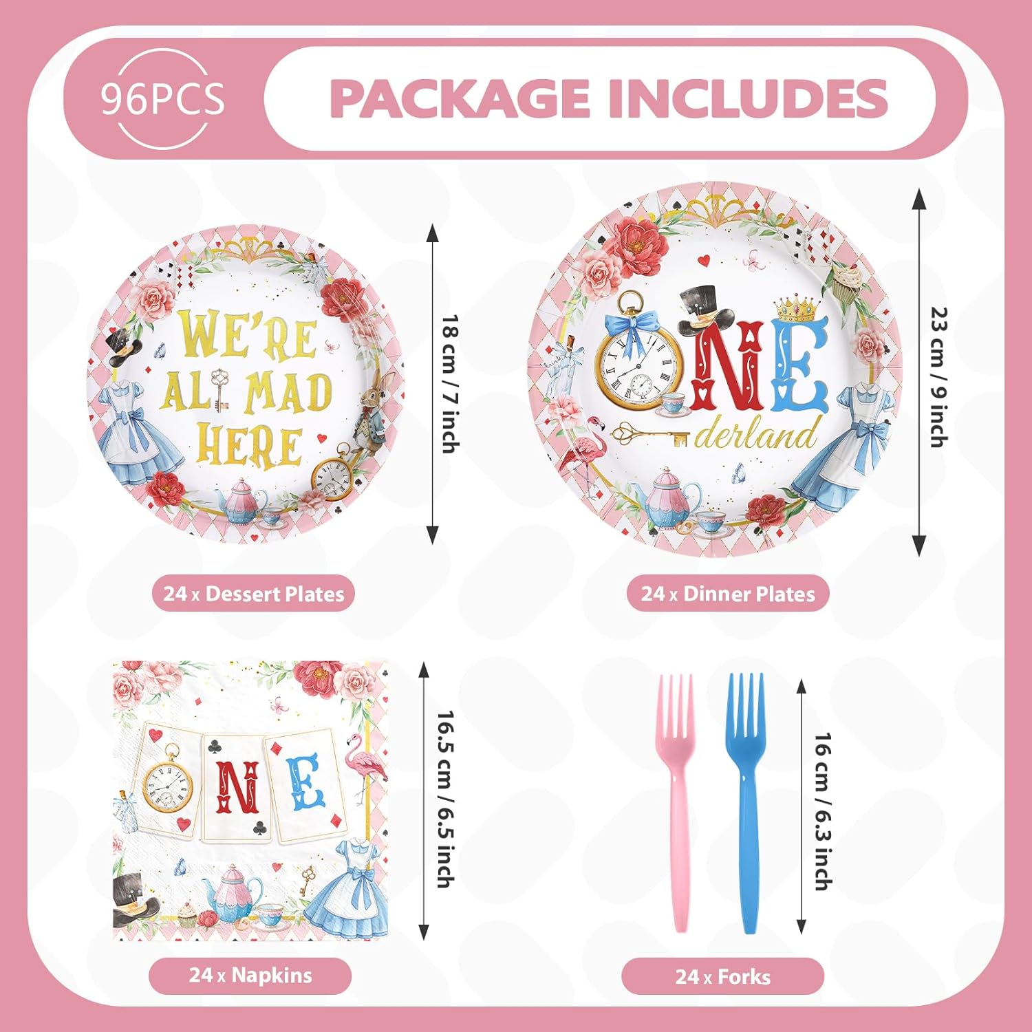 96Pcs Alice Poker Onderland 1st Birthday Party Supplies Alice in Onderland First Birthday Plates and Napkins Disposable Tableware Set for Girls One Year Old Baby Shower Tea Party Decorations Serves 24 - Image 2