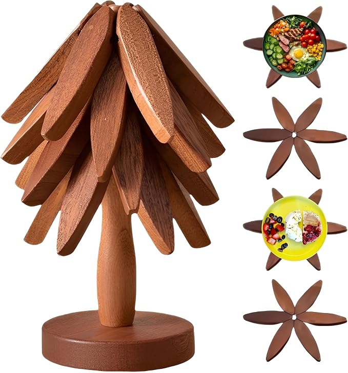 Wooden Trivets for Hot Dishes,Natural Tree Trivet Set - 4 Wooden Trivets and 1 Stand,Wooden Tree Trivet Set for Pot, Bowl, Teapot, Hot Pot in Kitchen(Black Walnut)