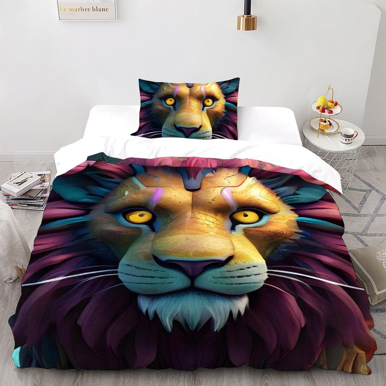 Housse de couette 135x200 lion lit enfant microfibre animaux imprimé 3D avec fermeture éclair
