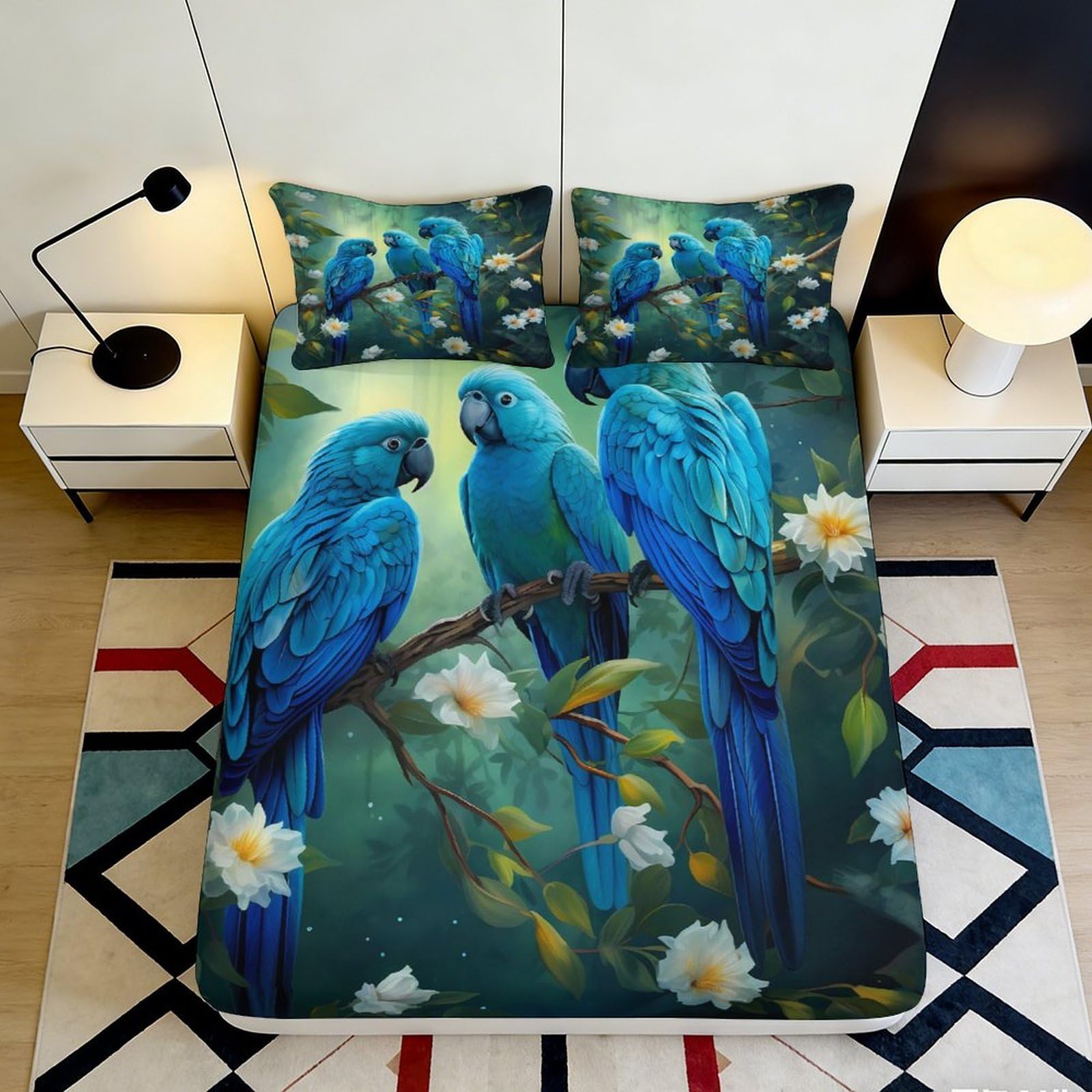 3D Printed Blue Parrot Fitted Sheet Microfiber Soft Breathable Tropical Bird Mattress Cover for Bedroom Dormitory Guest Room Protection Decor 200x200x25cm