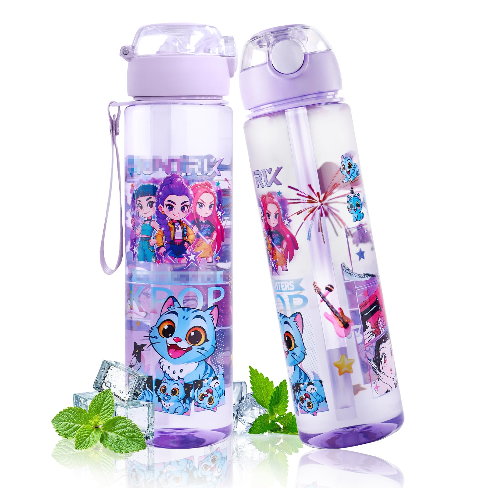 KPO Gourde Enfant,750ml Gourde Fille avec Paille,Motif Ddouble Face Gourdes Plastique,Anti Fuite Water Bottle avec Poignée,Gourdes pour Rentrée Scolaire,Ccamping,Voyages,Sport