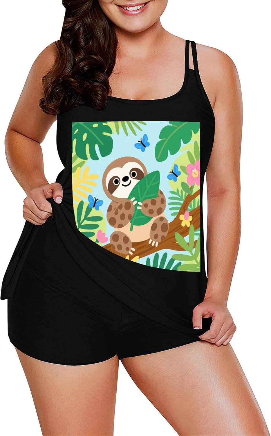 Cute Sloth in Jungle Tankini Swimsuits for Women Tummy Control Two Piece Bathing Suits Swim Tops with Boy Shorts