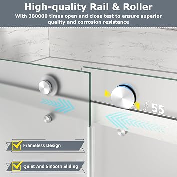 Frameless Frosted Double Bypass Sliding Tub Shower Door, 55-60 W x 60 H, 5/16(8mm) ANSI Tempered Glass, Safety Nano Explosion-Proof Film, Brushed Nickel Hardware