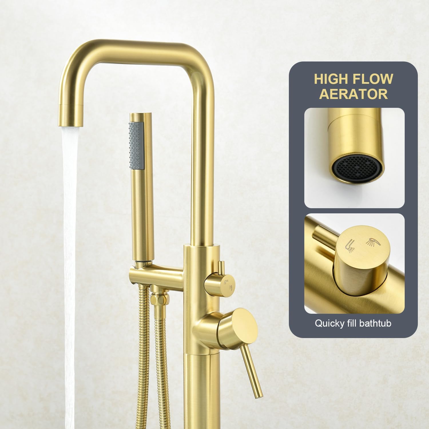 Free Standing Tub Faucet, Floor Mount Tub Filler Bathtub Faucet with Handheld Shower Brushed Gold
