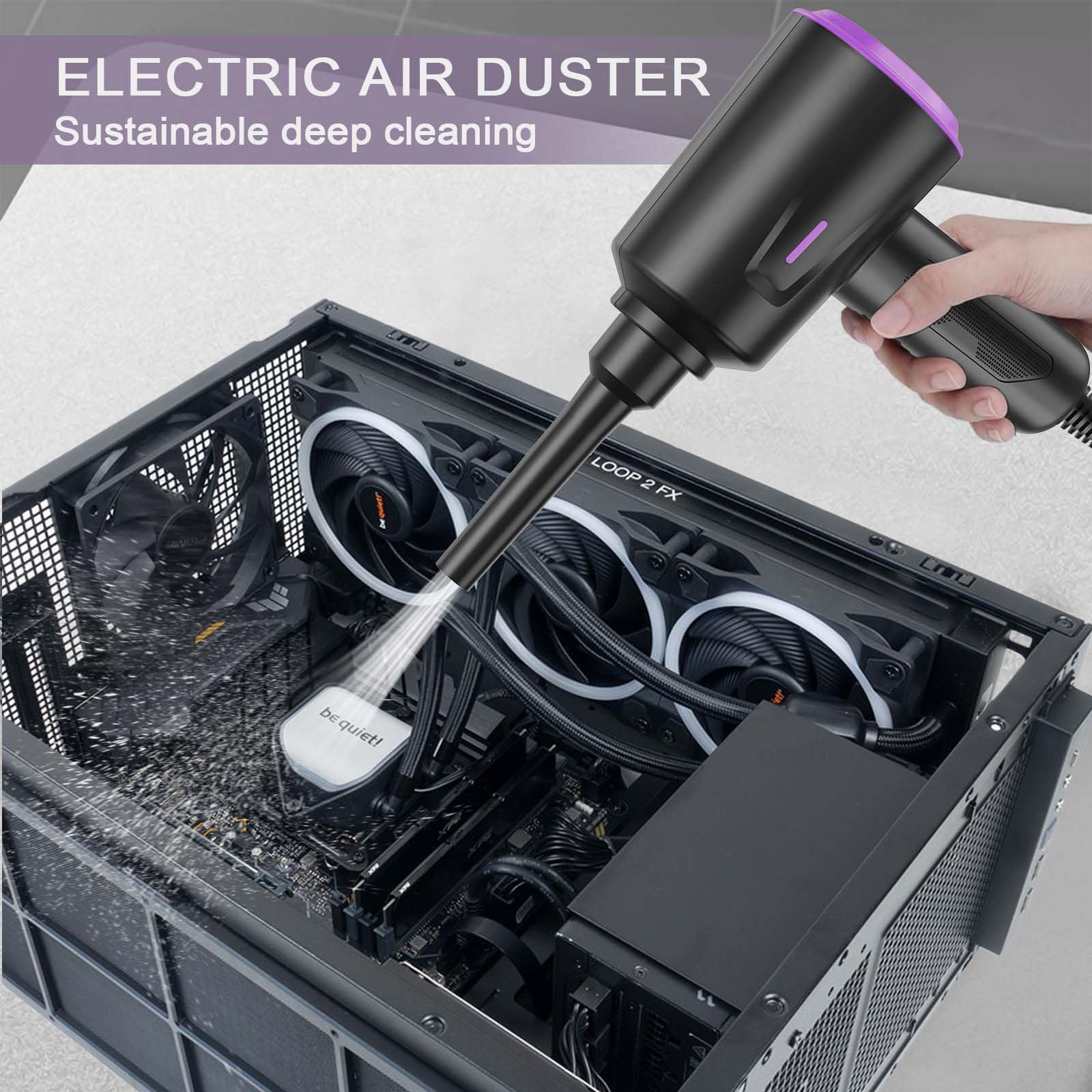 Meudeen Air Duster - Aire comprimido - Limpieza de alta potencia de 5.5 onzas para computadora - PC - Soplador de aire de 2 engranajes (negro morado)