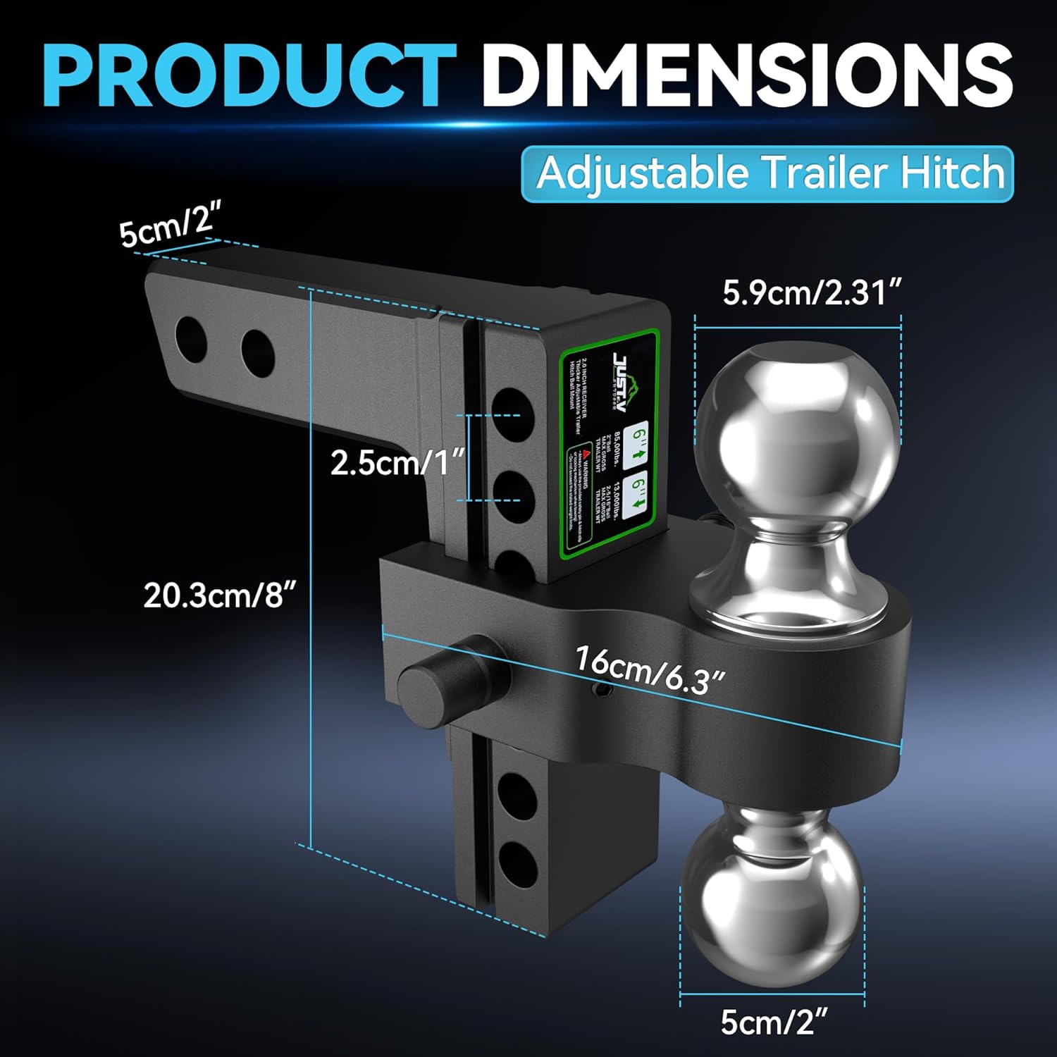 Just-V Drop Hitch - Aluminum 2 Inch Hitch, Adjustable Trailer Hitch for 2" Receiver, 21500 LBS GTW, Heavy Duty Tow Hitch with 6" Drop/Rise Dual Balls (2" & 2-5/16") for Truck Black