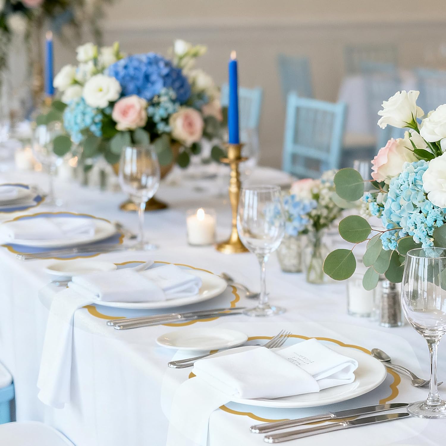 100 Pcs Dusty Blue Paper Placemats 13.5 Inch Disposable Scalloped Colorful Pastel Round Table Place Mats with Gold Edges, Decorative Colors Mats for Birthday Wedding Baby Shower Banquet Tea Party
