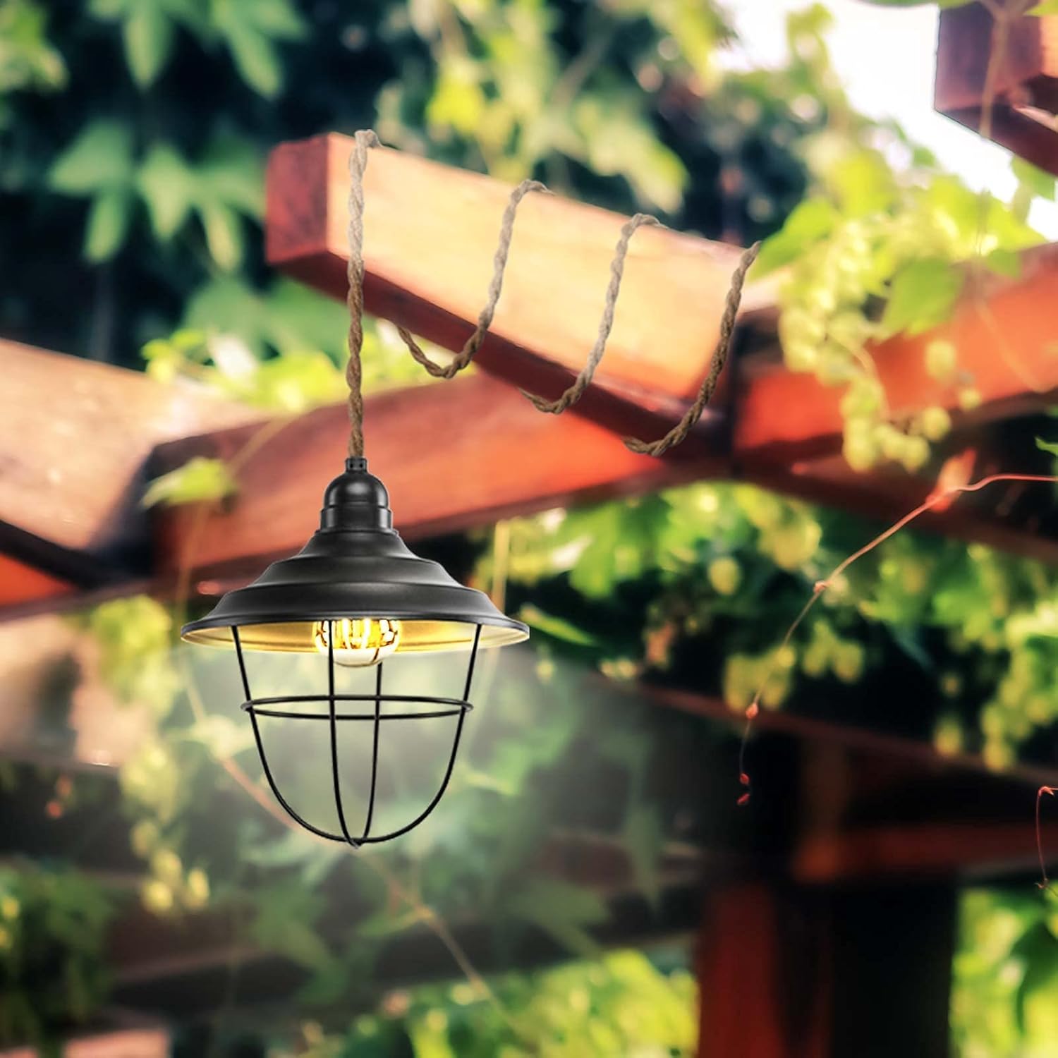 Industrial Weatherproof Ceiling Pendant Light Kit with Twisted Hemp Rope Hanging Lighting Cord Fixture 15 FT Outdoor Chandelier for Industrial DIY Projects,Outdoor Lighting Fixtures