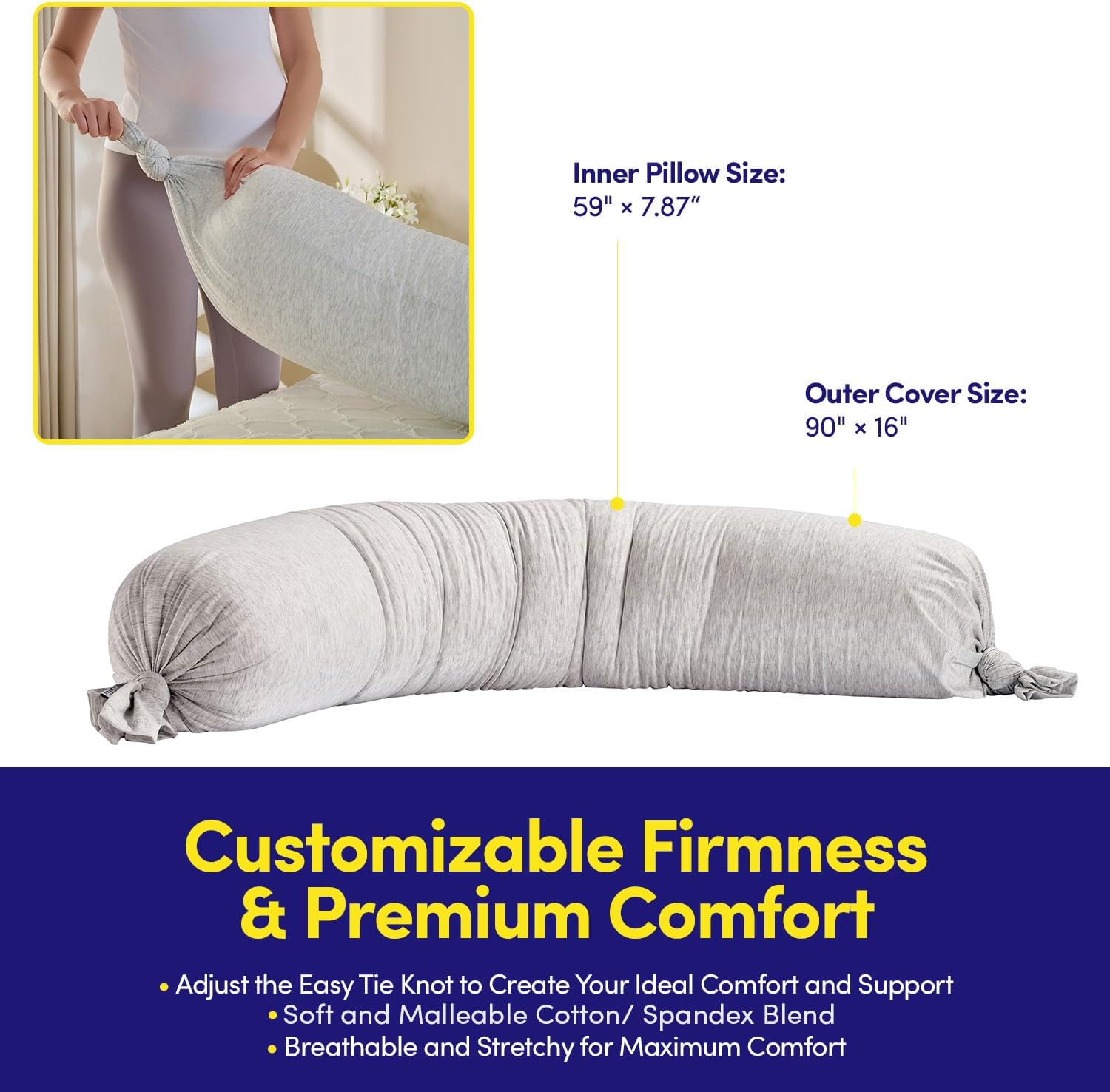 Full Body Maternity Pillow – Bean-Filled Pregnancy Support Pillow with Removable Cover – 59″ Long Full-Length Back, Hip & Belly Support for Pregnancy & Nursing, Silver