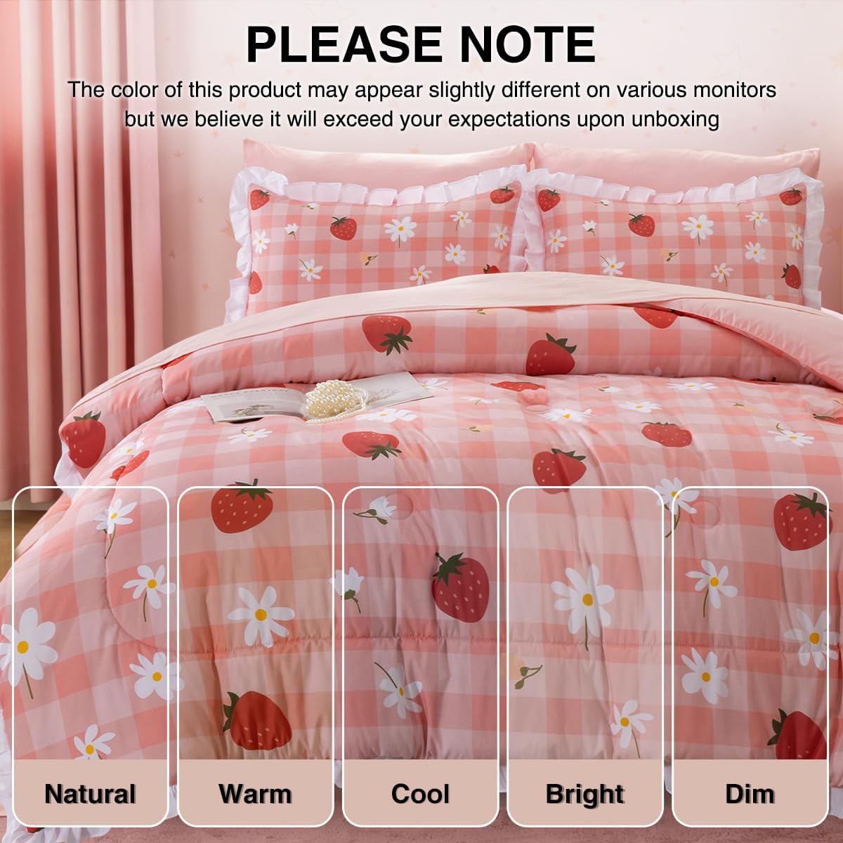 Holawakaka Ruffle Gingham Comforter Set Twin, Pink Ruffled Strawberry Plaid Bedding Set with Sheets, 5 Pieces Vintage Farmhouse Checkered Bed in A Bag for Girls Teen-Girls