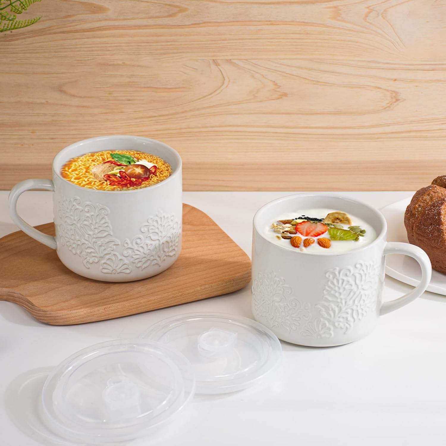 Soup Bowls with Handle and Vented Lid, 35oz Large Wide Ceramic Soup Mugs, Soup Cups for Ramen, Oatmeal, Pastas, Cereals, Set of 2, Microwave Safe (White)
