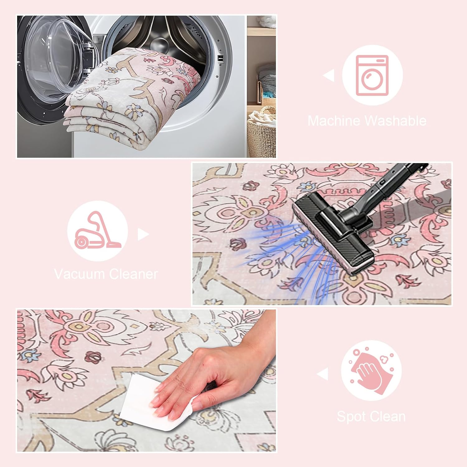 MOSISO 4x6 Area Rug for Living Room, Washable Area Rug, Non-Slip Vintage National Area Rugs, Low Pile Carpet, Faux Wool Rectangular Area Rugs Carpet for Living Room Bedroom Dining Room, Home, Pink - Image 4