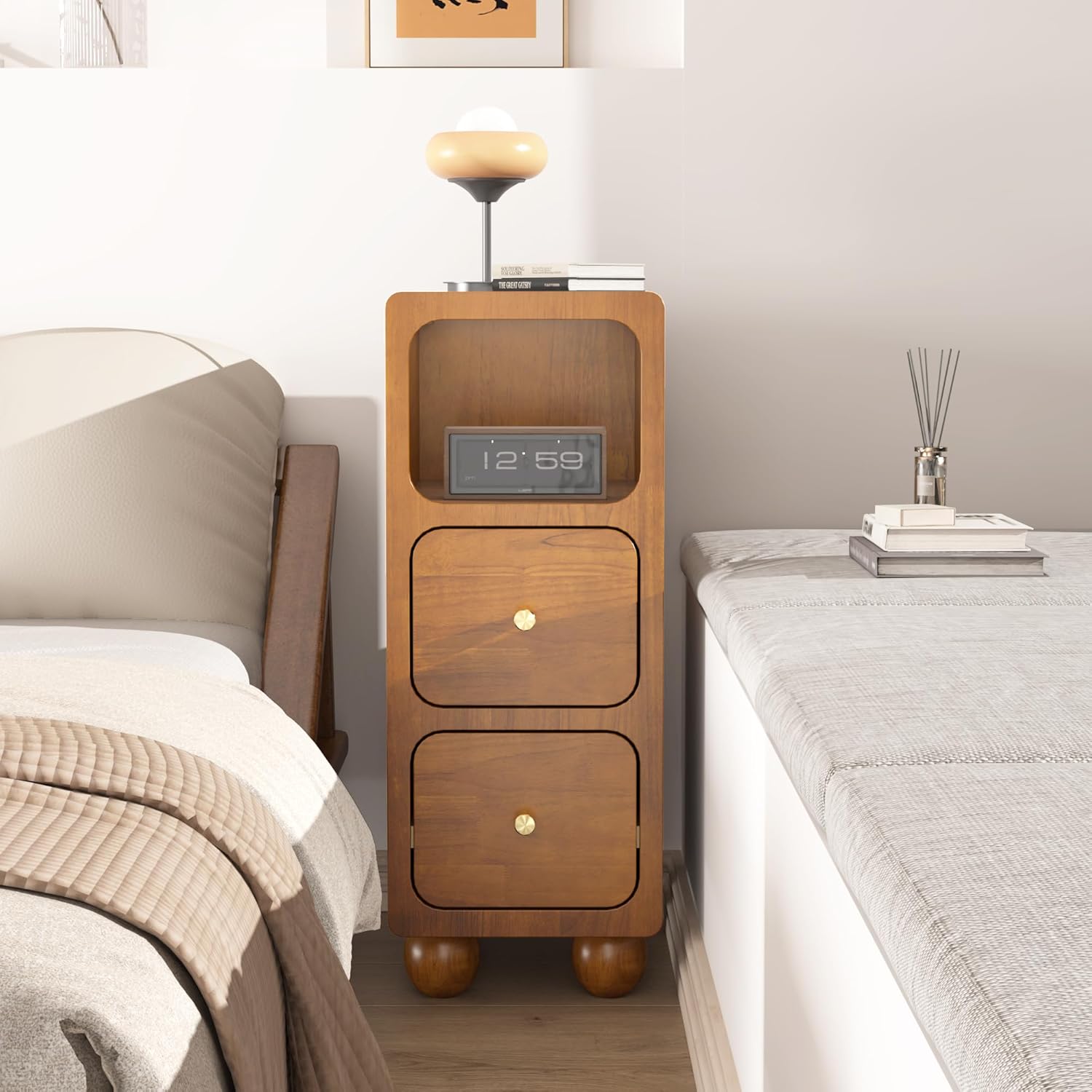 Narrow Nightstand with 2 Drawers, 10" Small Solid Wood Night Stand with Open Shelf, Walnut Mid Century Modern Nightstand, Slim Bedside Table for Small Spaces, Bedroom, Study, Office
