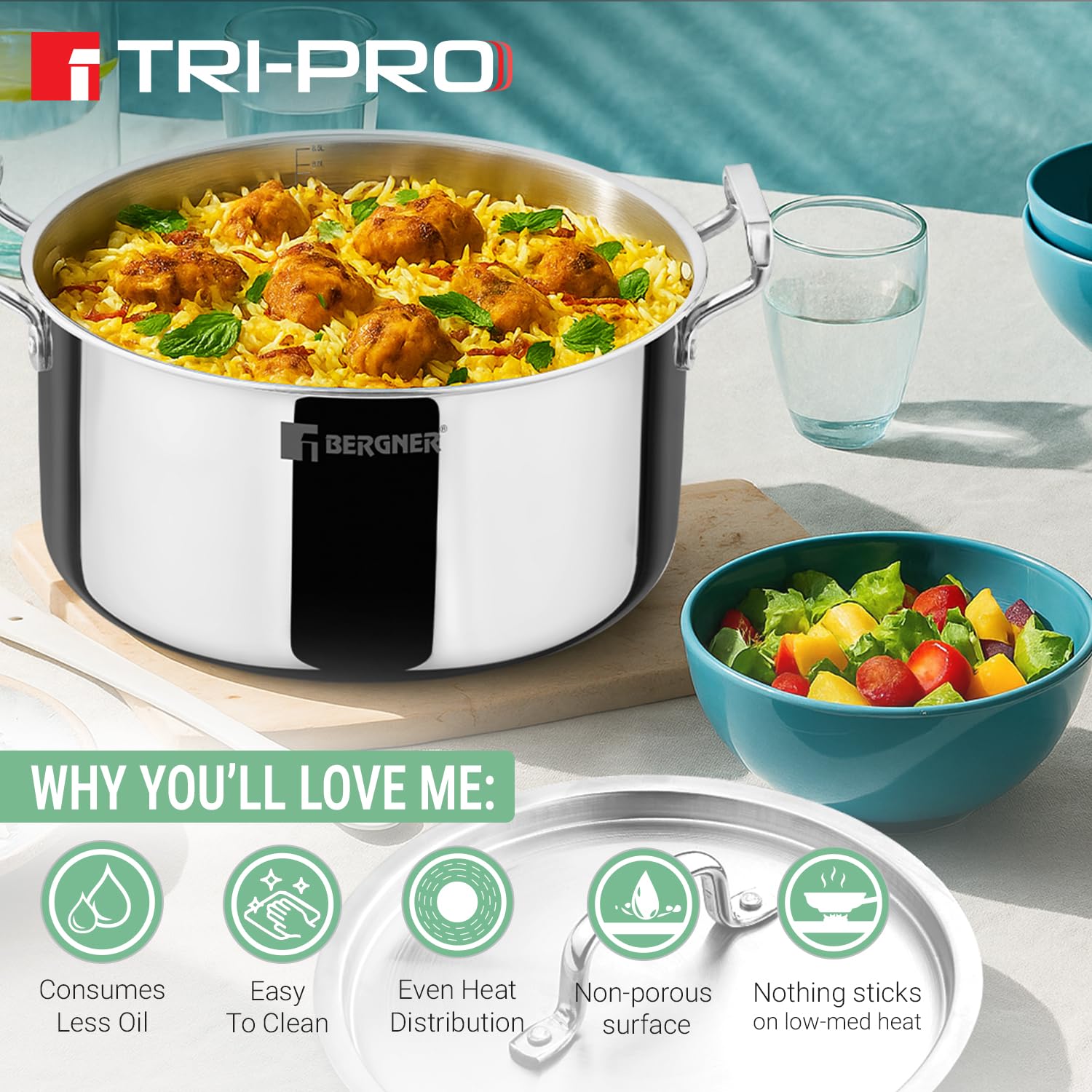 Bergner TriPro Triply Cook and Serve Casserole/Biryani Pot/Handi with Stainless Steel Lid, 28cm (8 litres), Consumes Less Oil, Healthy Cooking, Easy to Clean - Induction and Gas Stove Ready