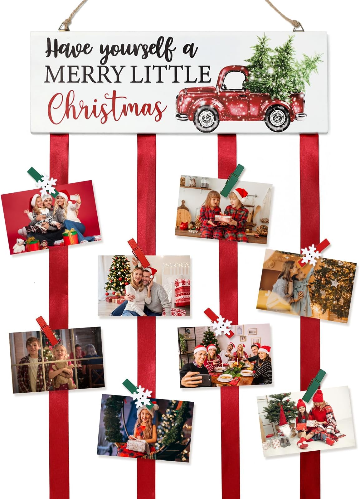 Christmas Card Holder Wall Display Merry Christmas Wooden Hanging Picture Holder with 24 Clips for Holiday Décor