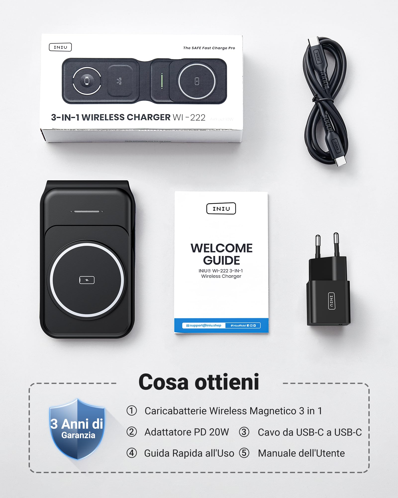 INIU Caricatore Wireless iPhone, Magnetic 3 in 1 Base Ricarica Certificato Qi, Da viaggio Caricabatterie Wireless Universale per iPhone 16 15 14 13 12 Apple Watch 8 7 Ultra AirPods 4 3 Pro ecc.