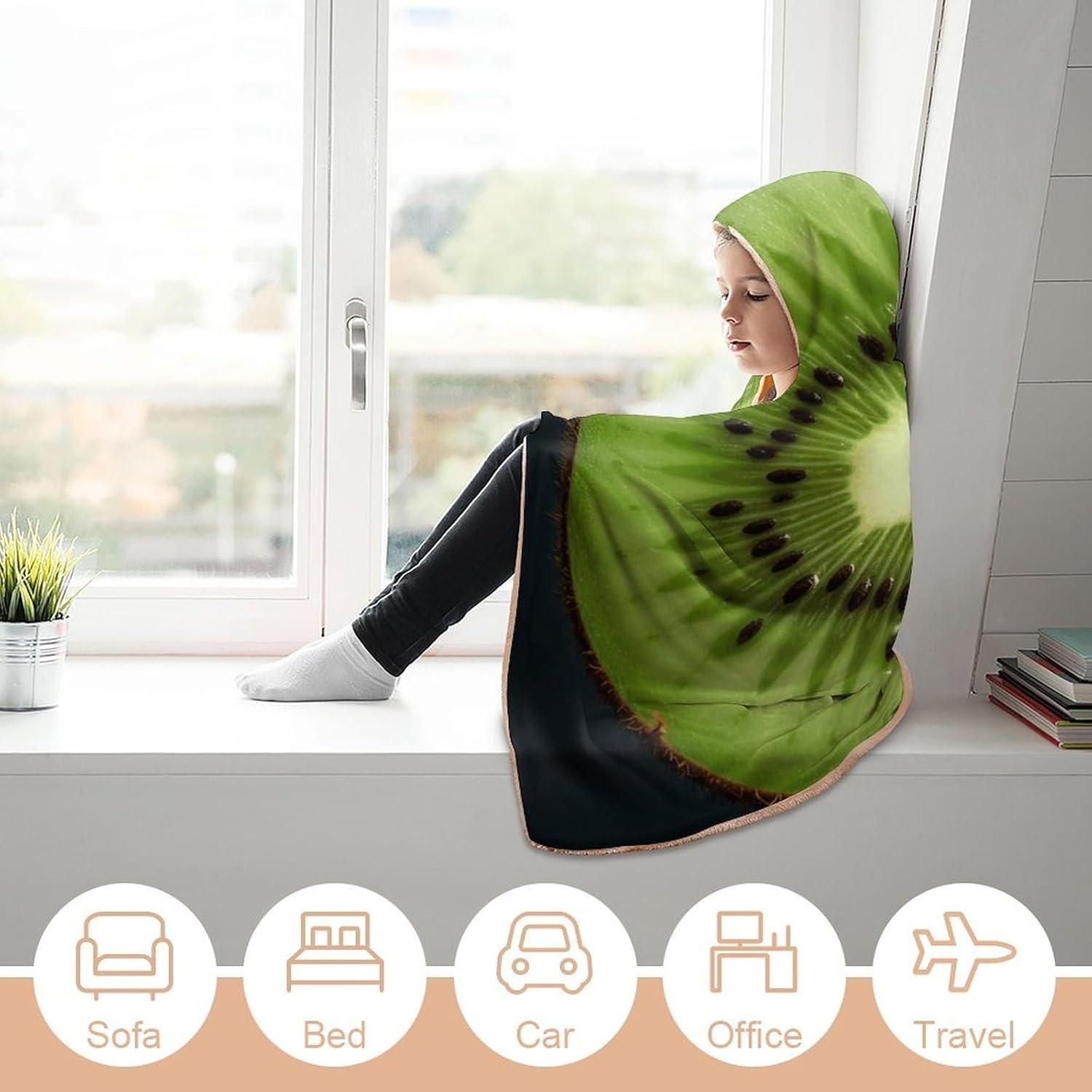 Kiwi Slice Wearable Hooded Blanket, Ultra Soft Arctic Velvet Cape Cloak Unisex - Cozy Wearable Blanket