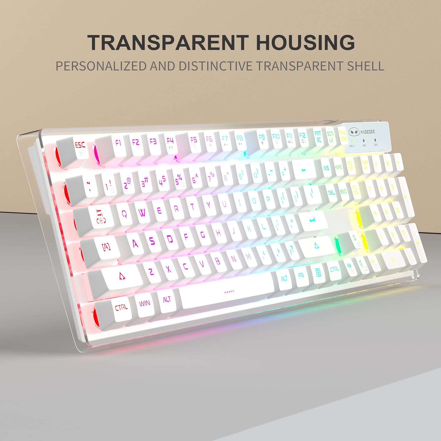 Side view of the MageGee V550 keyboard highlighting its transparent housing and suspended keycaps.