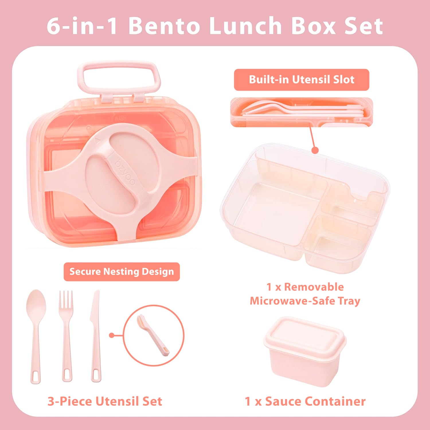30oz Bento Box for Adults & Kids | 4-Compartment Leakproof Lunch Container with Twist-Lock | Salad Friendly Meal Prep Box with Utensils & Silicone Sauce Jar | Microwave Safe, 3¾ Cup (Blush Pink)