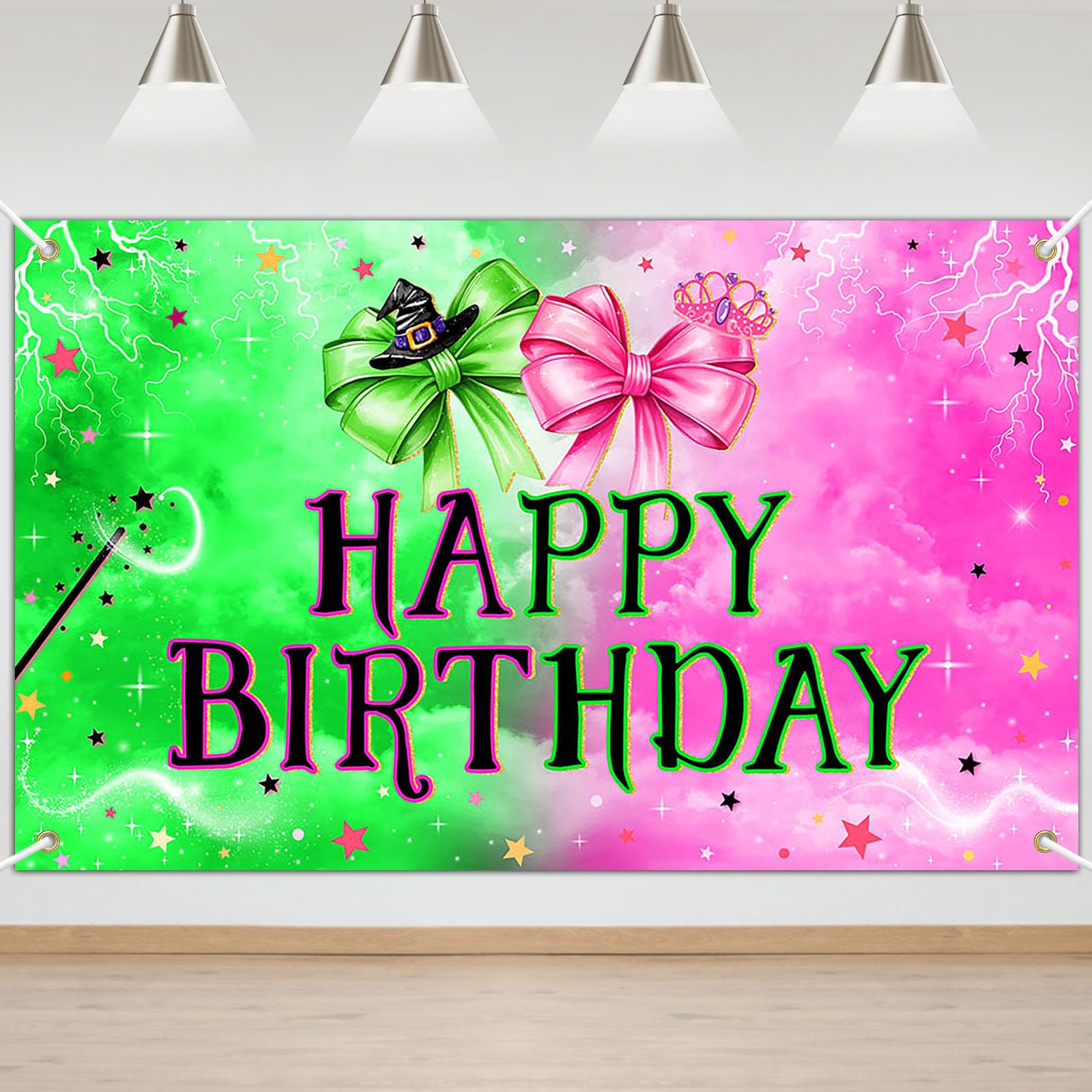 Avezano Witch Birthday Backdrop Green and Pink Bow Witch Happy Birthday Party Decorations Banner Witch Theme Movie Party Supplies (6x3.6ft)