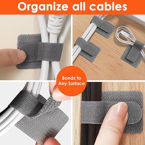 Miniatura 7 de Organizador de cables debajo del escritorio, organizadores de cables para cables, bridas de cable de gancho y bucle, correas de alambre adhesivas,