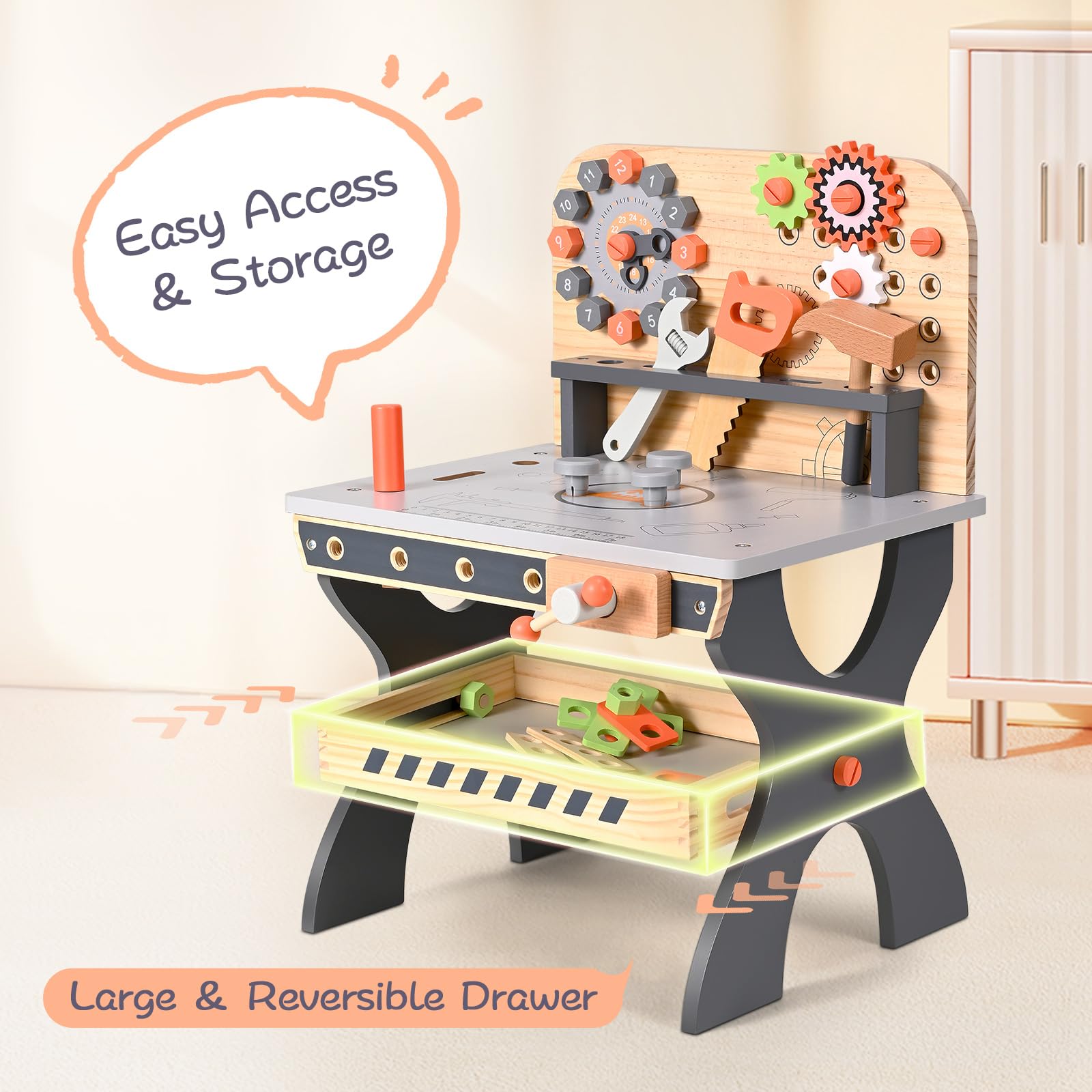 Établi en Bois pour Enfants, Outils de Jeu Banc à Outils en Bois Multifonction Maintenance des simulations Tableau d'outils de démontage des vis et écrous pour Les 3 Ans et Plus