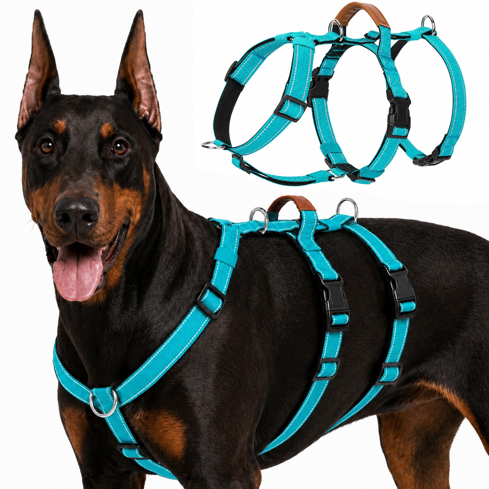 Escape Proof Dog Harness, Adjustable Anti-Pull Pet Vest with Soft Padded Handle, Reflective No-Choke Breathable Durable Harness for Medium Large Breeds Outdoor, Walking, Training, Running (Blue, M)