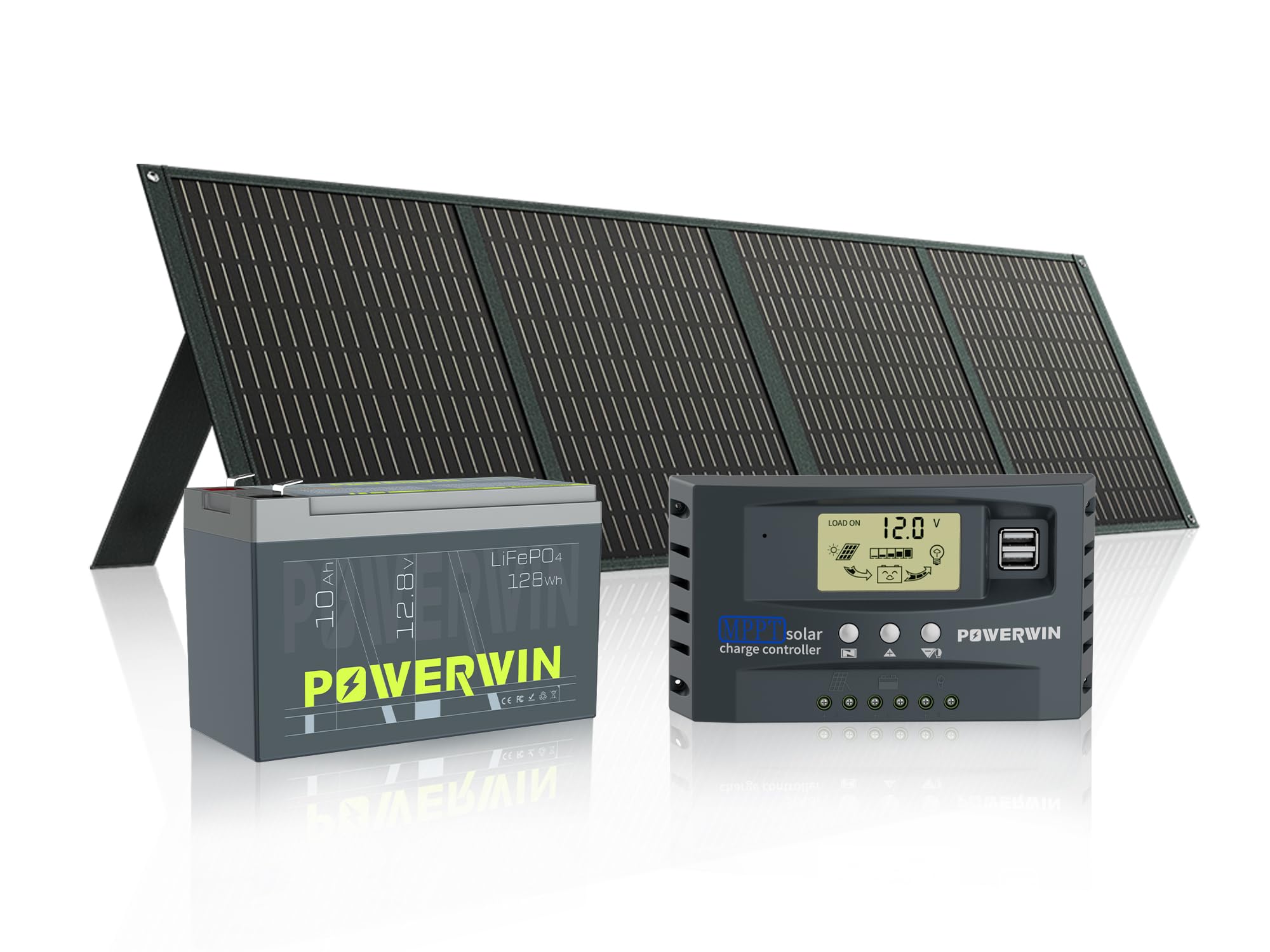 Foldable Solar Panel 110W, 50A MPPT Solar Charge Controller with 12V 10Ah Lithium LiFePO4 Battery, for Camping, Fishing and Adventure.