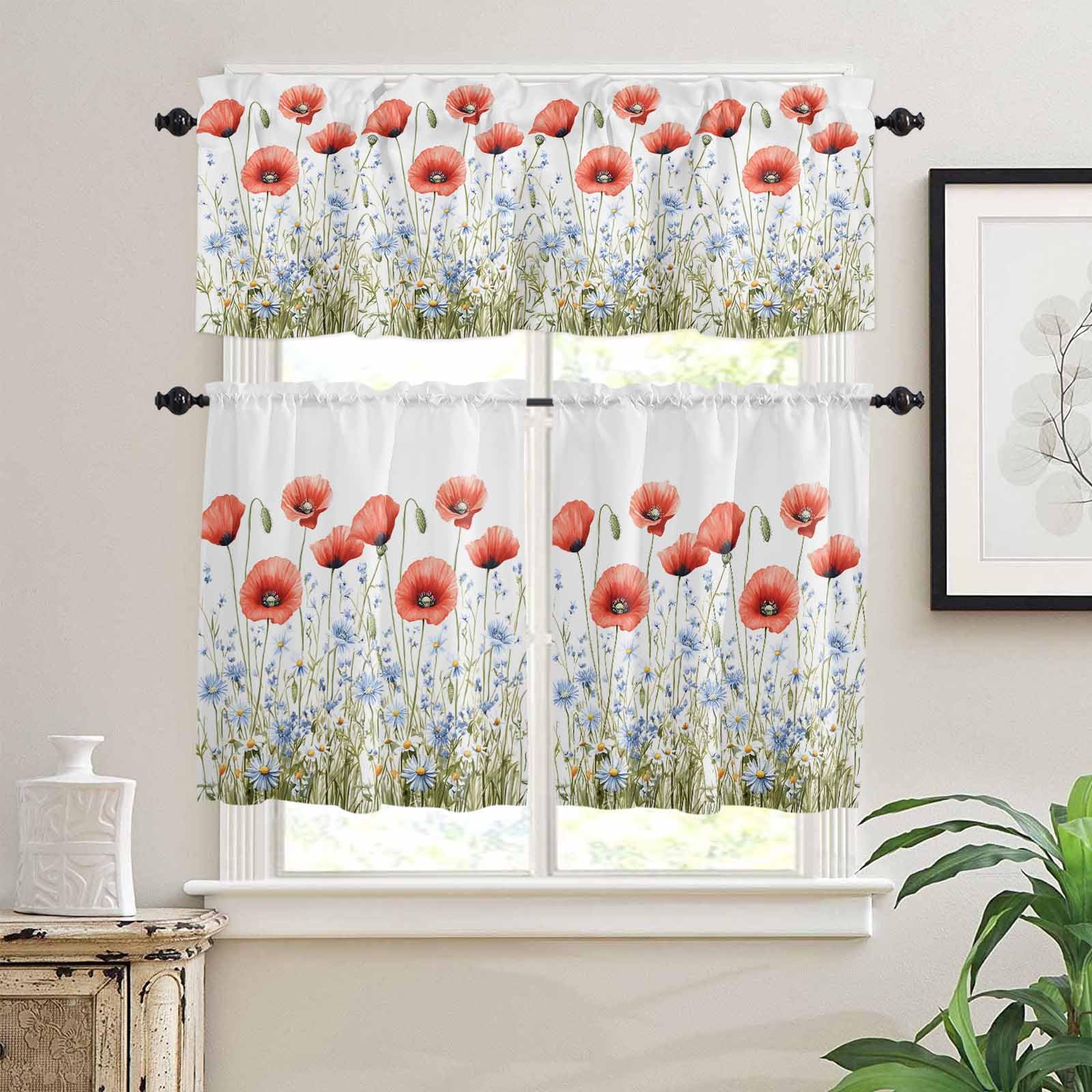 4th of July Flower Kitchen Curtains 24 Inch Length,3 Piece Rod Pocket Small Half Tiers and Valance Set,Patriotic Red Blue Poppy Floral Daisy Small Large Window Treatment Decor for Bedroom/Bathroom