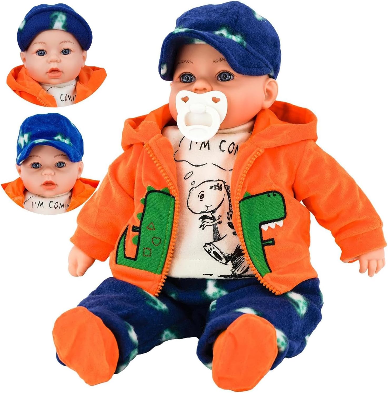 The Magic Toy Shop Bibi Doll - 18" Lifelike Large Soft Bodied Baby Doll With Dummy & Sounds Girls Boys (Boy Doll In Orange Hoodie)