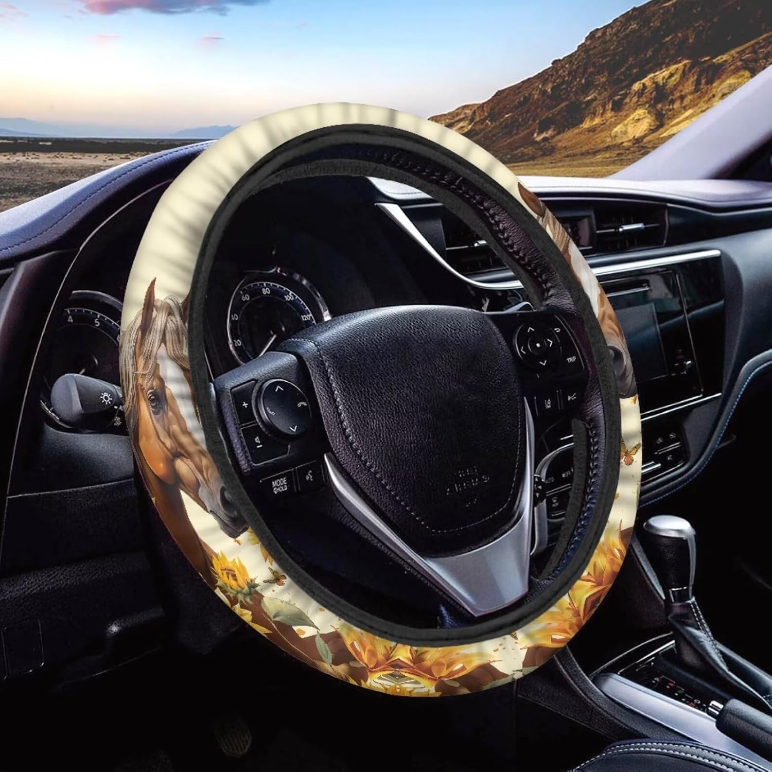 15inch Cow Sunflower Auto Steering Wheel Cover for Women Men Sunflower Lover,Brown Cowhide Steering Wheel Cover Protector Accessory Elastic and Anti Slip