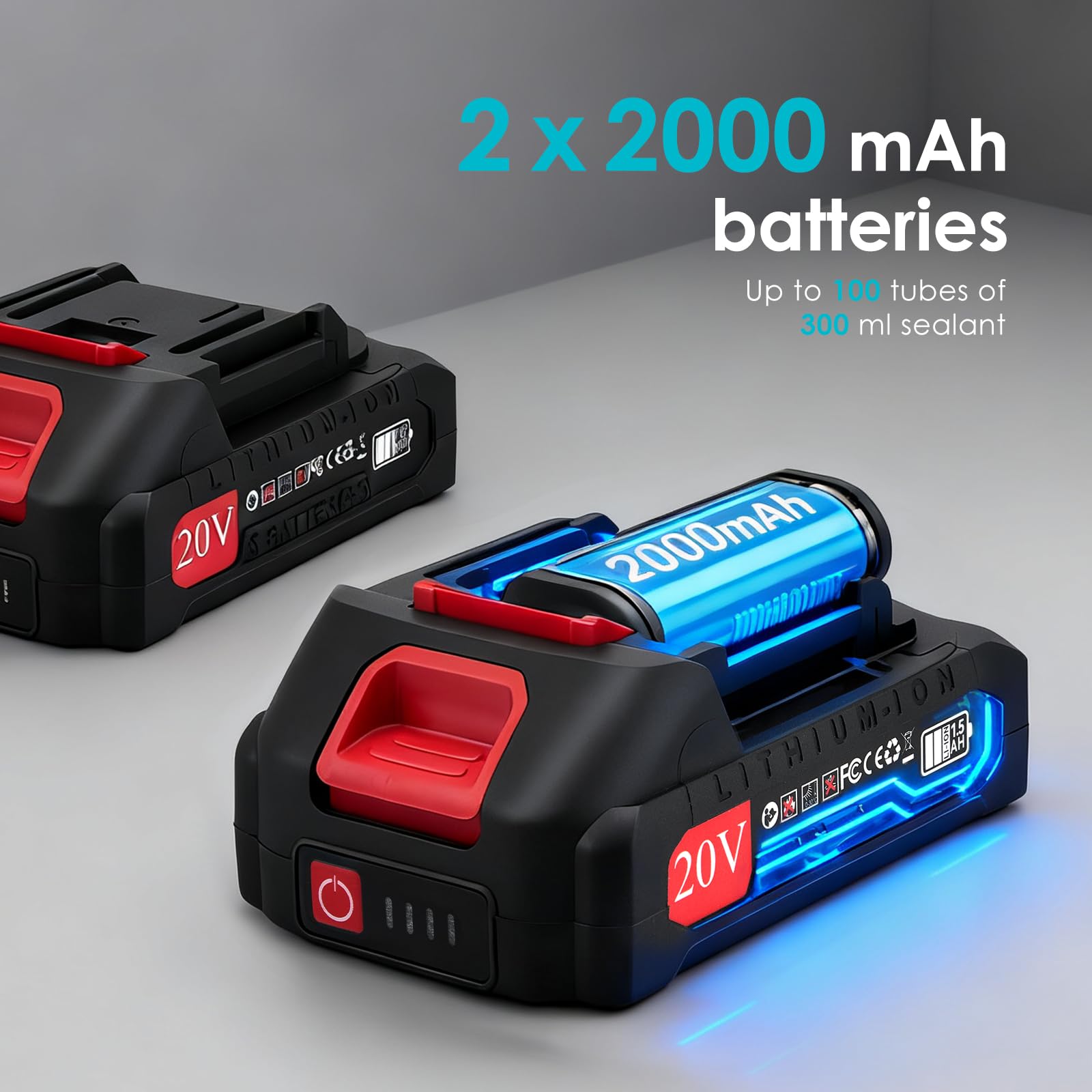 Pistola Silicone a Batteria, Pistola a Cartuccia Elettrica con 2*2000 mAh Batteria, Regolazione continua della velocità, luce LED, accessori speciali per cartucce da 300 ml, per riempire e sigillare