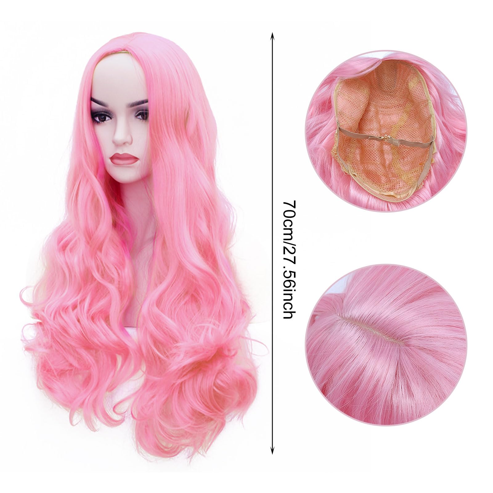 XNIVUIS Pink Wigs for Women Long Wavy Curly Wigs for Women Girls Full Hair Middle Parting Wig for Daily Wear Cosplay Masquerade Halloween (Pink) - Image 2