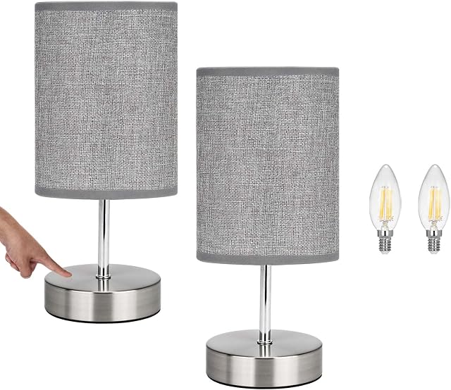 Lightsjoy 2 Pack Table Lamp Touch Dimmable Nightstand Lamp 3-Way Brightness Bedside Table Lamp for Living Room Hotel Bedroom Grey Dimmer Table Lights Include 2 x Warm White E14 Bulbs - Grey Round