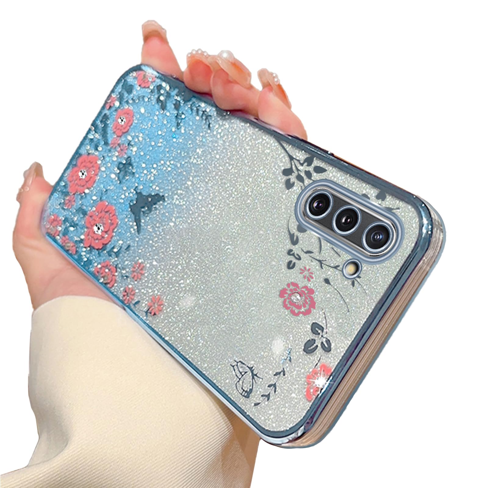 for Note 10 case Case,Galaxy Note 10 case for Women Gradual Change Glitter Crystal Soft TPU Stylish Butterfly Floral Heart Clear Protective Cover with Strap for Samsung Galaxy Note 10 (Blue)