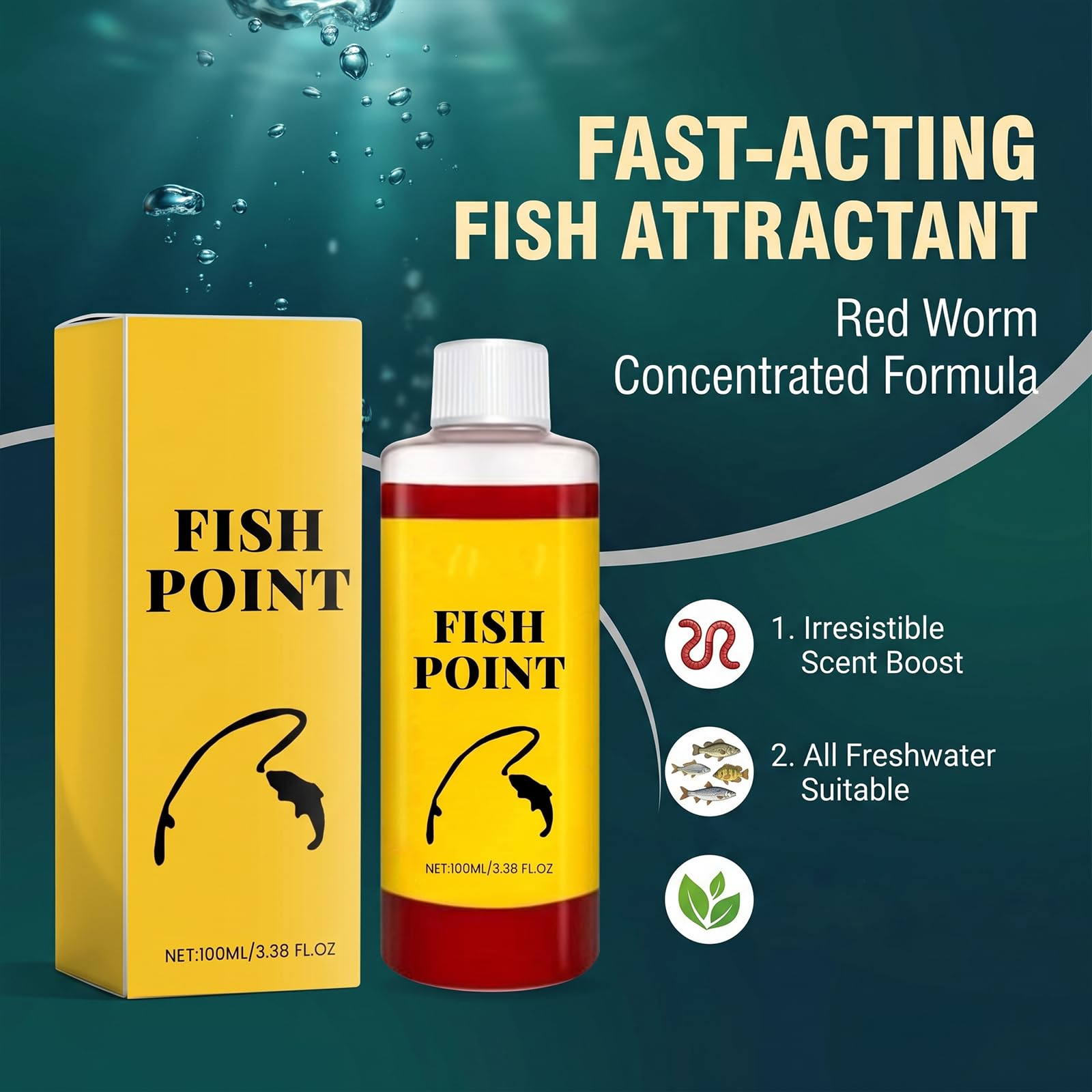 Fish Point Liquid, Concentrated Fish Attractant Spray, Fast-Acting Red Worm Formula, Supports Better Bite Response for Freshwater Fishing, 100ml