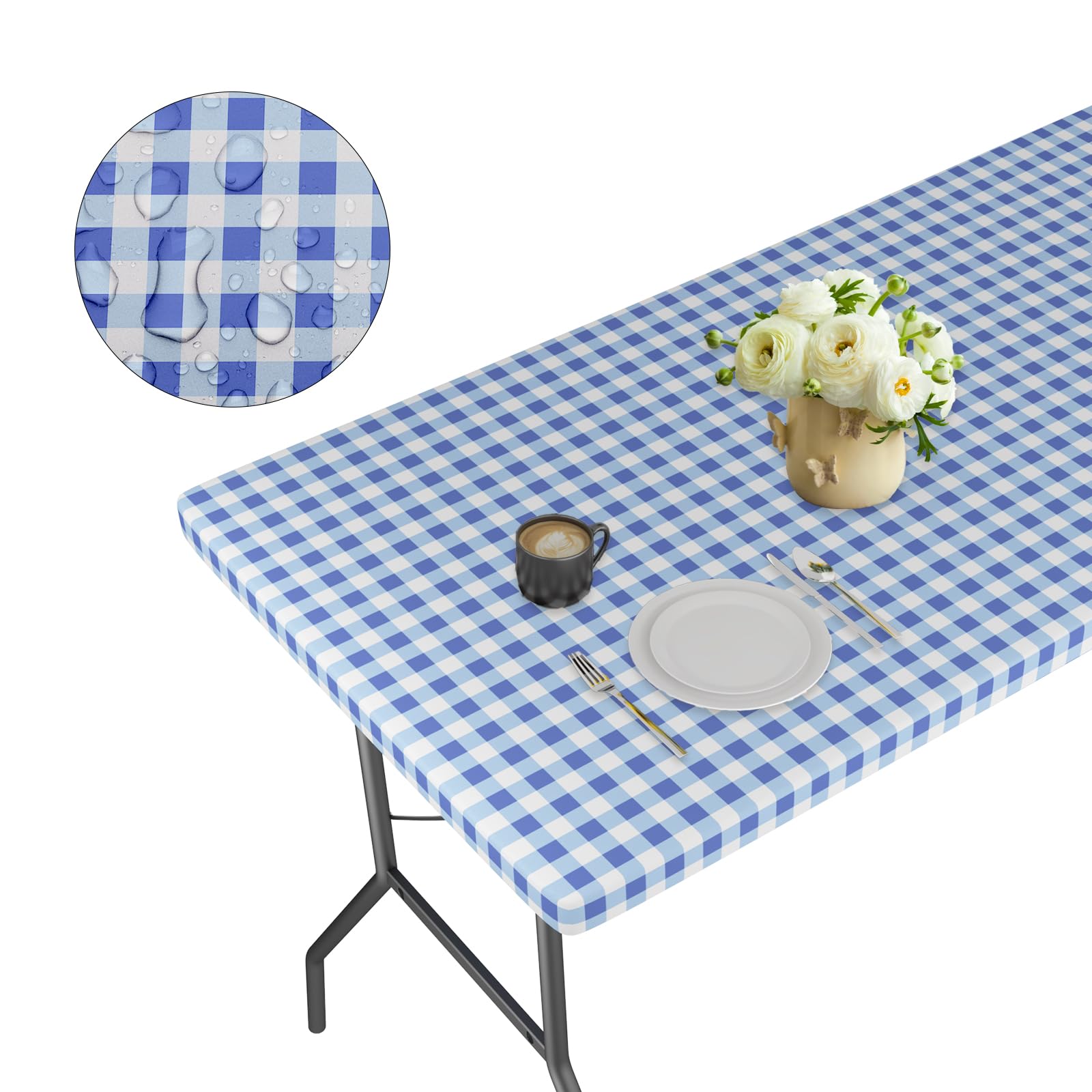 Photo 1 of Vinyl Fitted Tablecloth with Elastic Edge-Waterproof Rectangle Table Cover for 6 Foot Folding Tables Blue Plaid Table Cloth with Flannel Backing for Indoor Outdoor Dinning Picnic Party 30x72 Inches Rectangle 30"x72" Blue and White Plaid