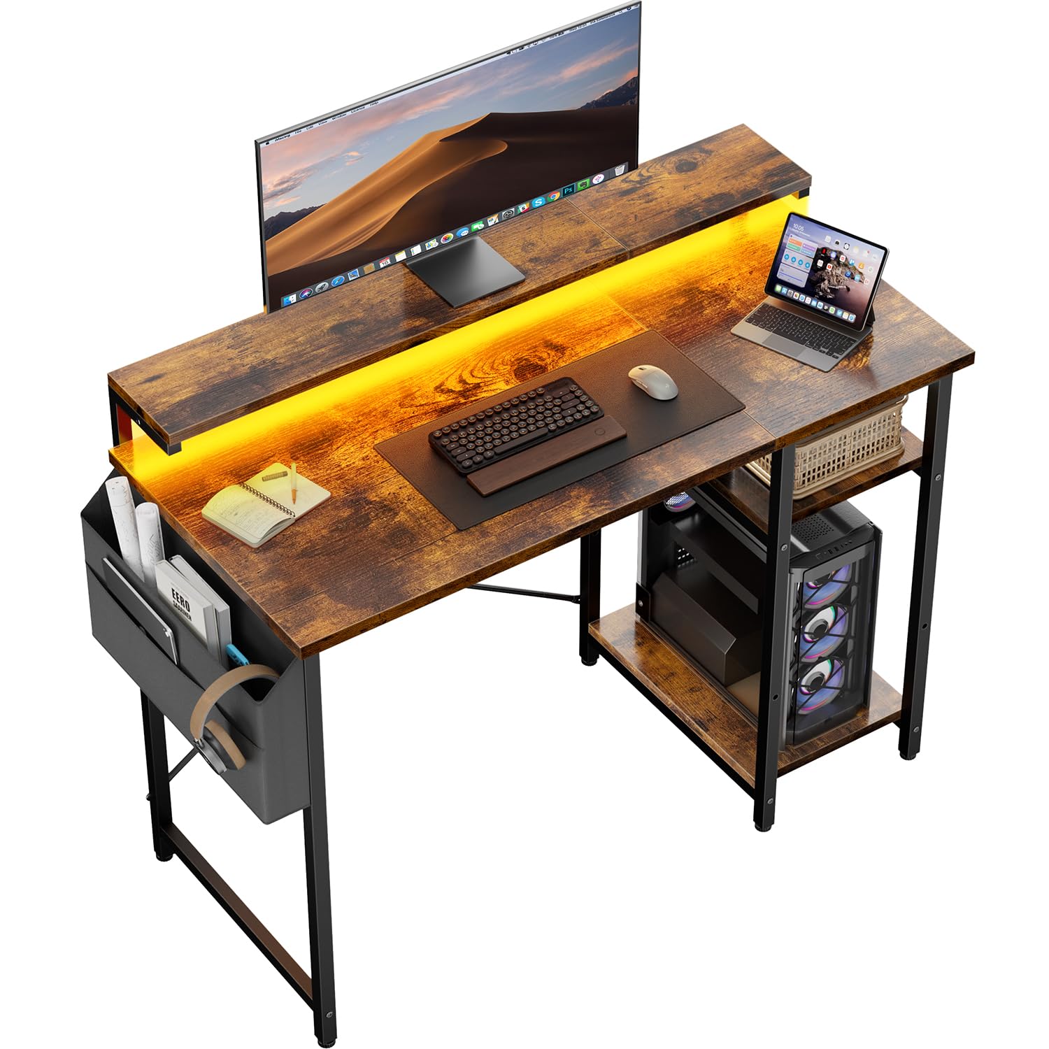 SOLAVERO Scrivania, 100 x 48 cm Scrivania Computer Piccola con Supporto per Monitor, tavolo gaming con Borsa Portaoggetti, Scaffali Regolabili, per Ufficio Domestico, Studio e Gioco, Marrone