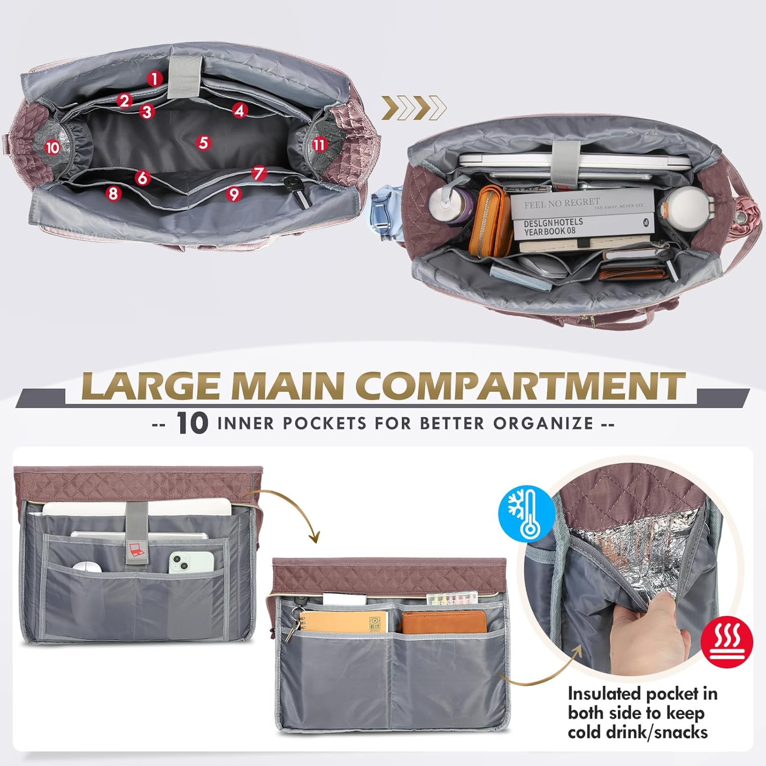 RAINSMORE Teacher Tote Bag 15.6 inch Laptop Bag for Women Work Bags Laptop Tote Nurse Bag Professional Computer Messenger with Insulated Pocket, Laptop Briefcase for Office, College, Dusty Pink - Image 3