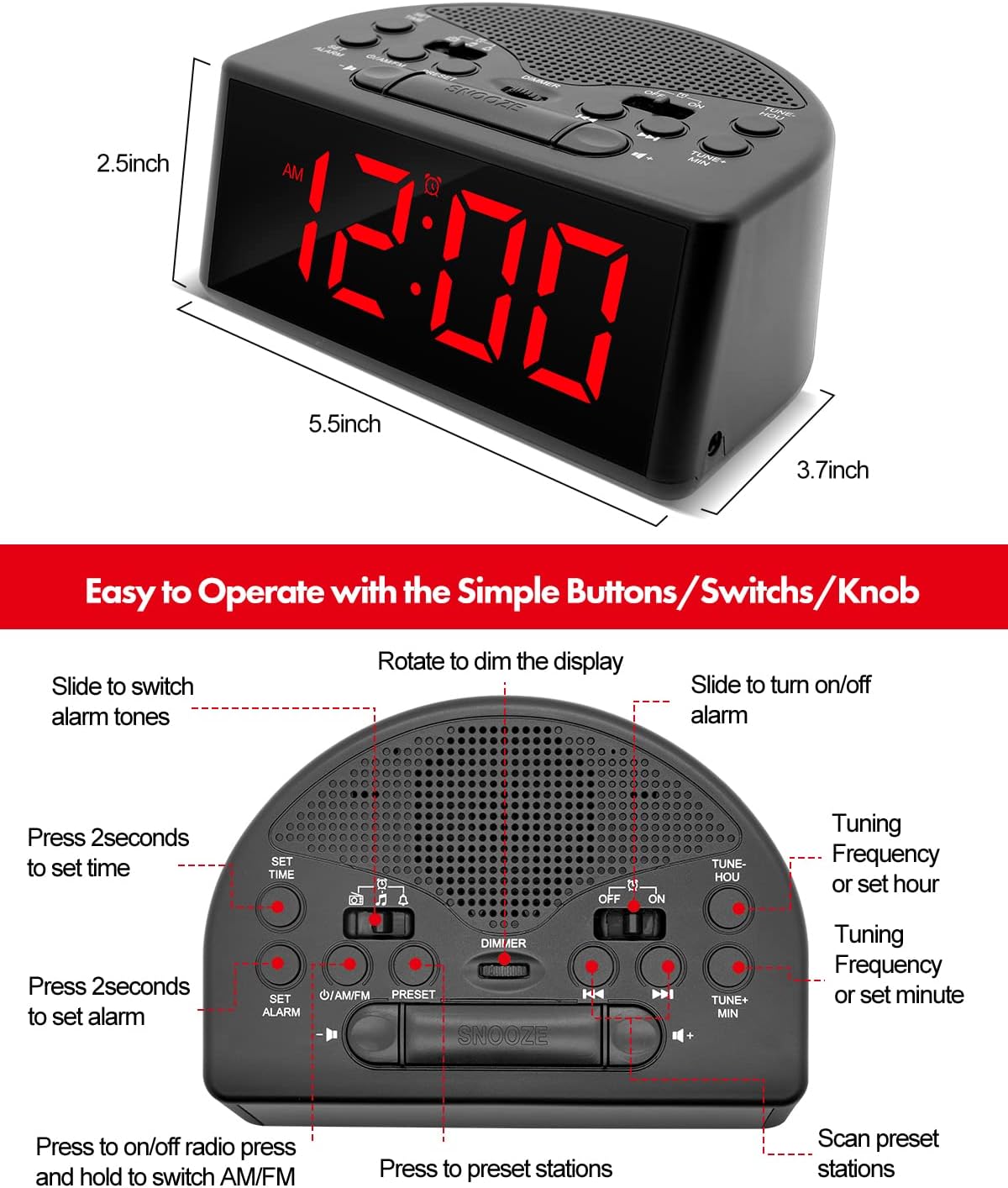 Top-down view of the Ratakee Digital Alarm Clock Radio highlighting various buttons, switches, and a rotary knob for setting time, alarm, radio, dimmer, and snooze functions.