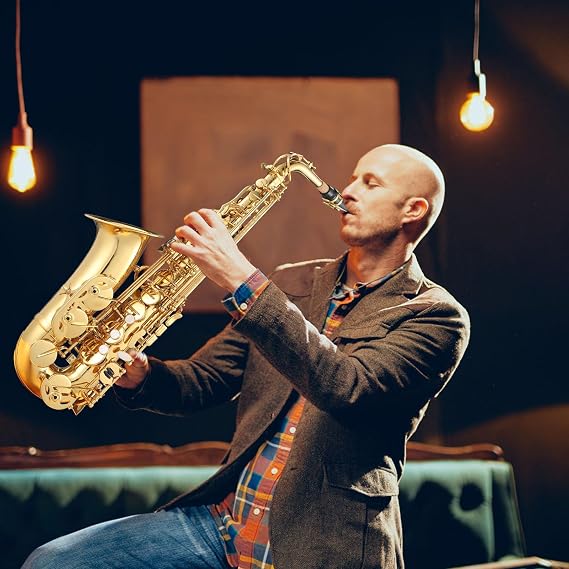 Professional Eb Alto Saxophone Complete Kit: Gold Lacquer Sax for Beginners to Advanced Players - Includes Case, Reeds, Tuner, Stand, Neck Strap & Cleaning Tools