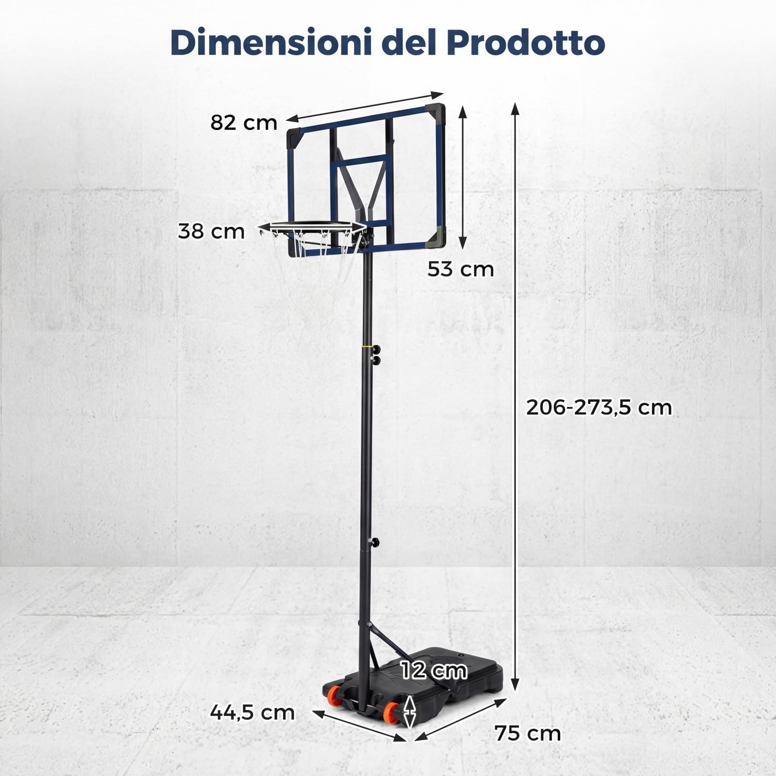 COSTWAY Canestro da Basket da Esterno, Canestro da Basket per Bambini con Altezza Regolabile 206-273,5 cm, Tabellone 82 cm e Base Riempiibile con Ruote, Sistema di Basket Portatile da Interno